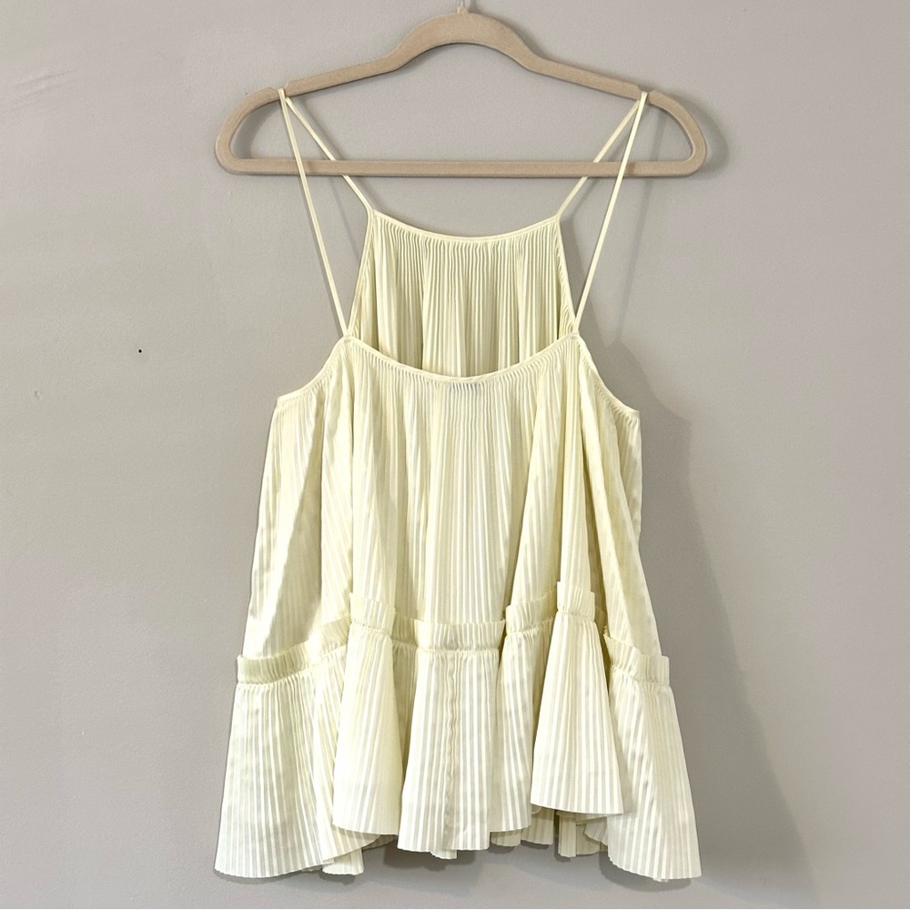 Lewit Pleated Ivory Tank Top Designer Flowy Tiered Blouse Minimal Chic - Picture 2 of 5